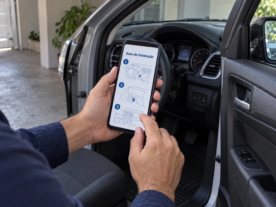 Pessoa seguindo o guia de instalação no celular, dentro do carro